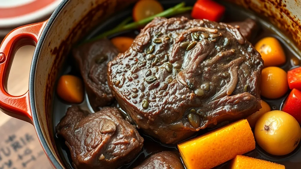 Acém assado de panela em panela de ferro fundido com legumes e caldo escuro, carne desfazendo ao toque do garfo