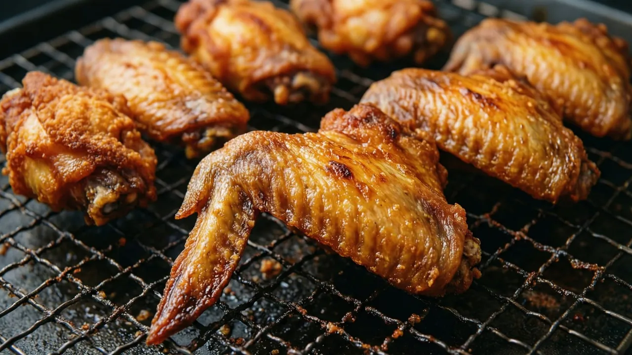 Asas de frango crocantes e douradas sobre uma grade de forno