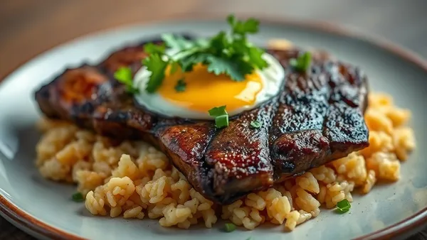 Bife à cavalo com ovo frito de borda crocante e gema mole sobre arroz branco em prato fundo