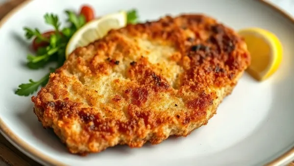 Bife à milanesa dourado e crocante cortado ao meio em prato branco com fatias de limão ao lado