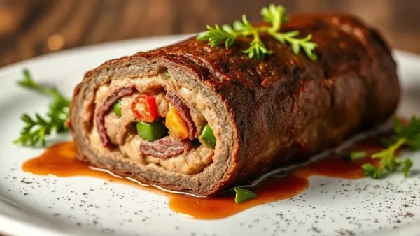 Bife à rolê fatiado mostrando o recheio colorido de cenoura, bacon e ovo cozido, coberto de molho escuro brilhante