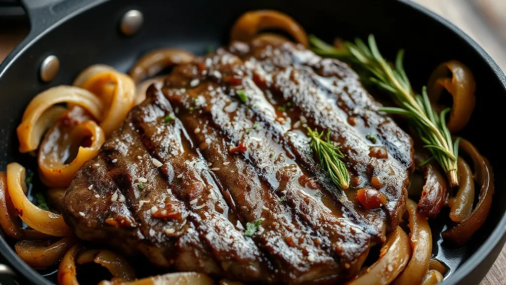 Bife acebolado dourado na frigideira de ferro com cebolas caramelizadas sobre a carne