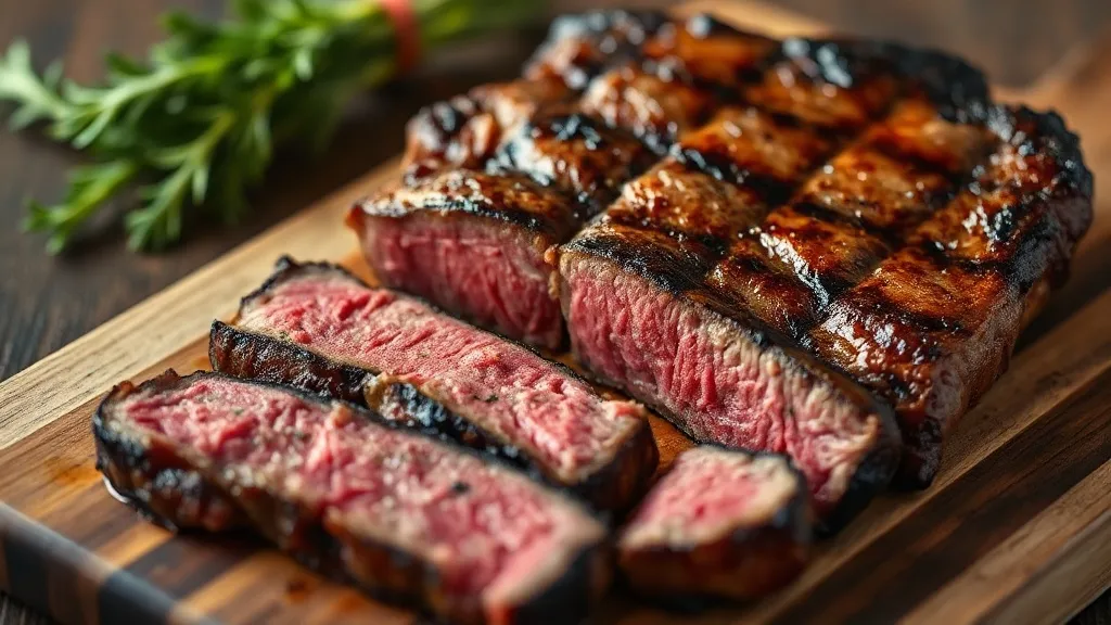 thick beef ancho ribeye steak grilled medium rare sliced on wooden board