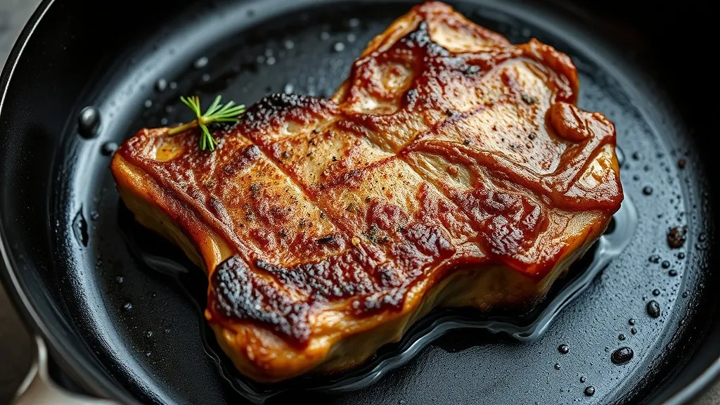 Bisteca de porco com osso selada na frigideira de ferro, crosta dourada e manteiga com alho e ervas ao redor