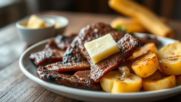 Carne de sol grelhada em fatias douradas regada com manteiga de garrafa, acompanhada de mandioca cozida e cebola, em prato rústico