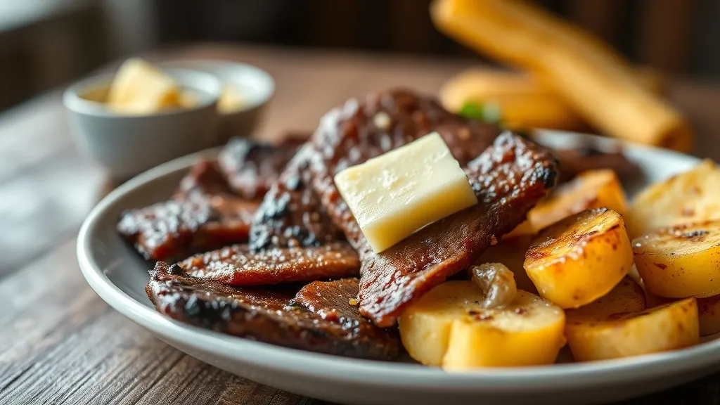 Carne de sol grelhada em fatias douradas regada com manteiga de garrafa, acompanhada de mandioca cozida e cebola, em prato rústico
