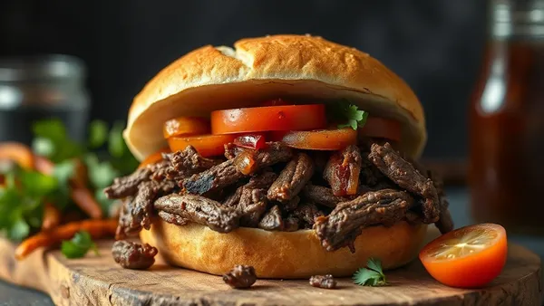 Carne louca desfiada em molho de tomate e pimentão dentro de pão de sal aberto, com azeitonas e salsinha por cima