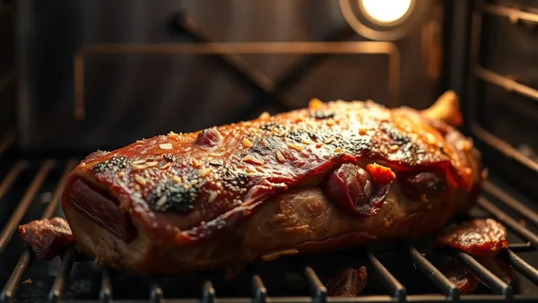 Peça de carne seca assada com casca dourada e crocante, fatiada sobre tábua de madeira