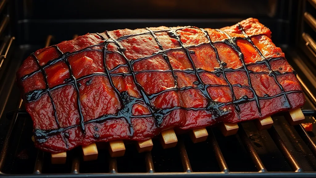 Costela bovina assada no forno com crosta dourada e carne desprendendo dos ossos, servida em tábua de madeira