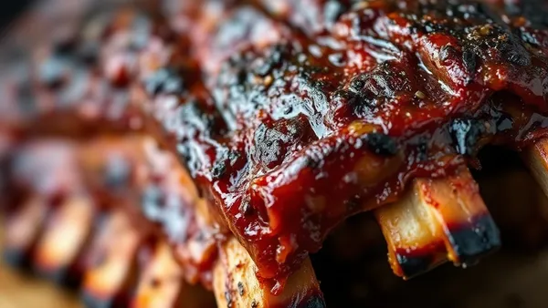 Costela suína assada com crosta escura e caramelizada por fora, carne suculenta exposta ao corte em tábua de madeira