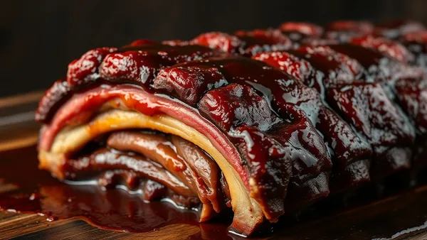 Costelinha de porco cozida na pressão em tábua de madeira, carne desprendendo do osso com molho escuro ao redor