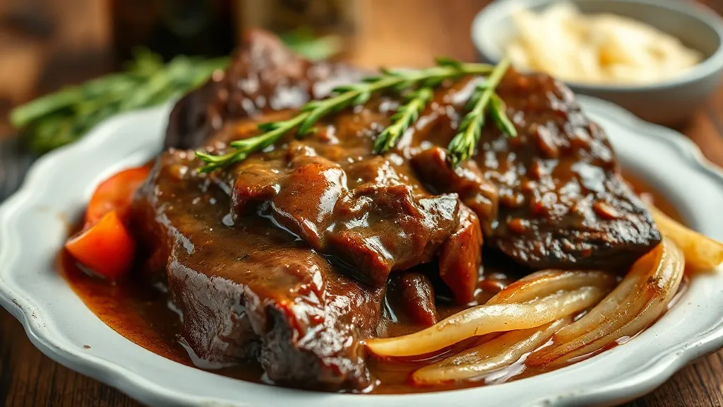 Coxão mole assado de panela fatiado, textura que desmancha, molho escuro e rico ao redor, servido em travessa