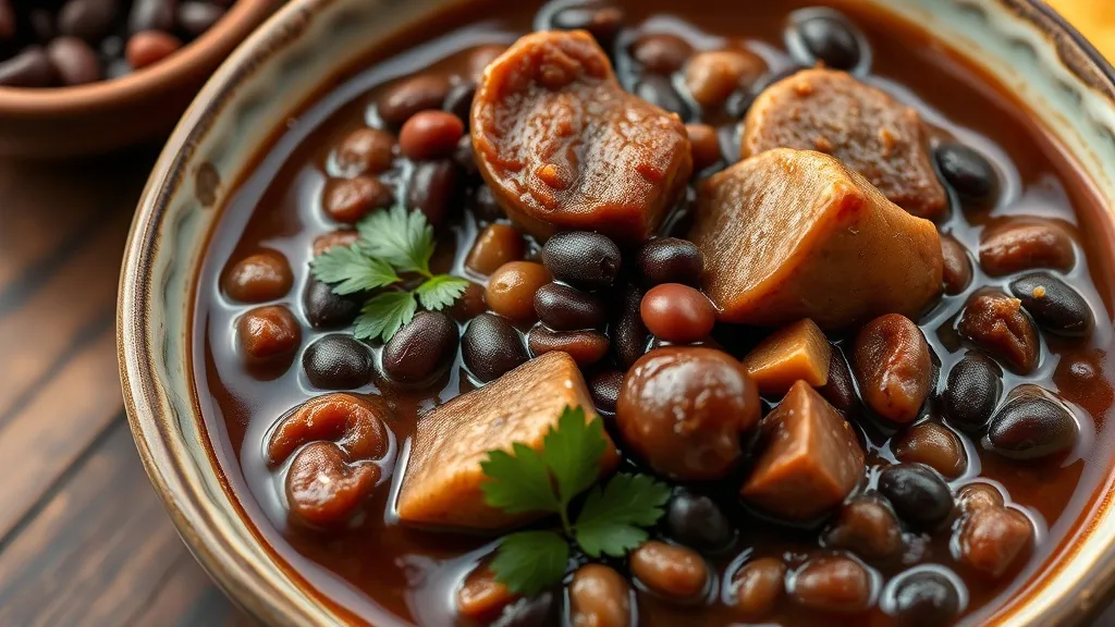 Feijoada brasileira em panela de barro escura, com feijão preto encorpado, costelinha, paio, lombo e linguiça calabresa, vapor subindo