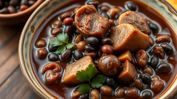 Feijoada brasileira em panela de barro escura, com feijão preto encorpado, costelinha, paio, lombo e linguiça calabresa, vapor subindo