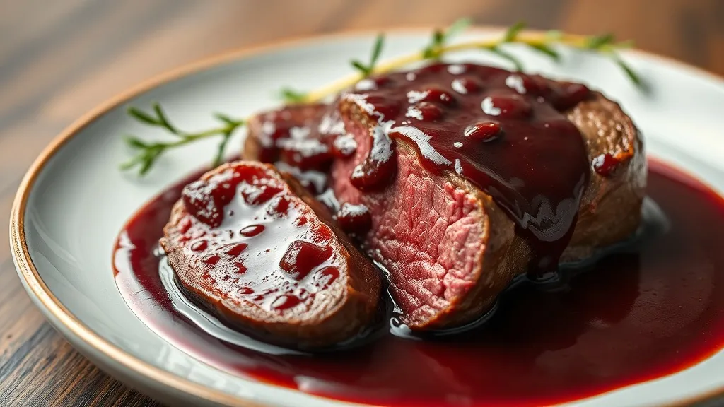 Medalhão de filé mignon ao molho de vinho tinto reduzido, com crosta dourada, servido com purê de batata
