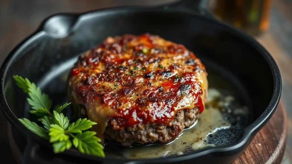 Hambúrguer caseiro com crosta dourada e queijo derretido selado em frigideira de ferro, suco escorrendo do disco de carne