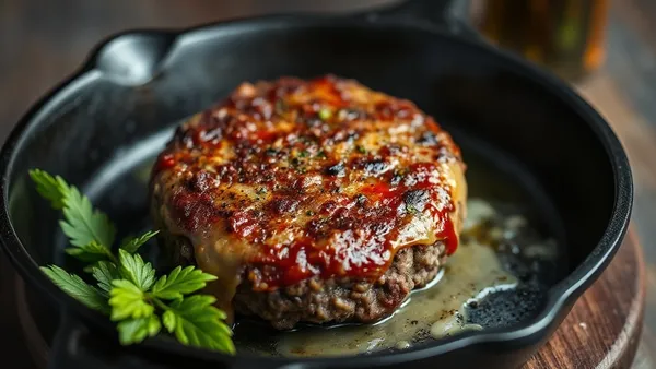 Hambúrguer caseiro com crosta dourada e queijo derretido selado em frigideira de ferro, suco escorrendo do disco de carne