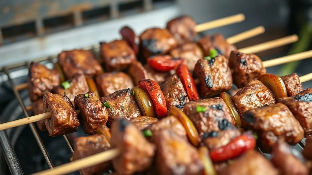 Espetos de kafta assados no forno, carne moída temperada e dourada, servidos sobre tábua de madeira com ervas frescas