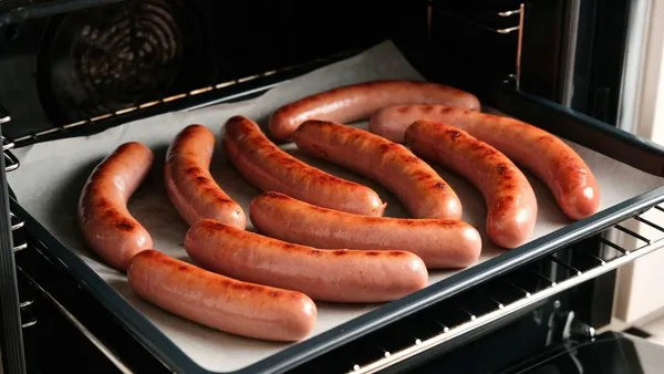 Linguiças douradas assando sobre uma assadeira no forno