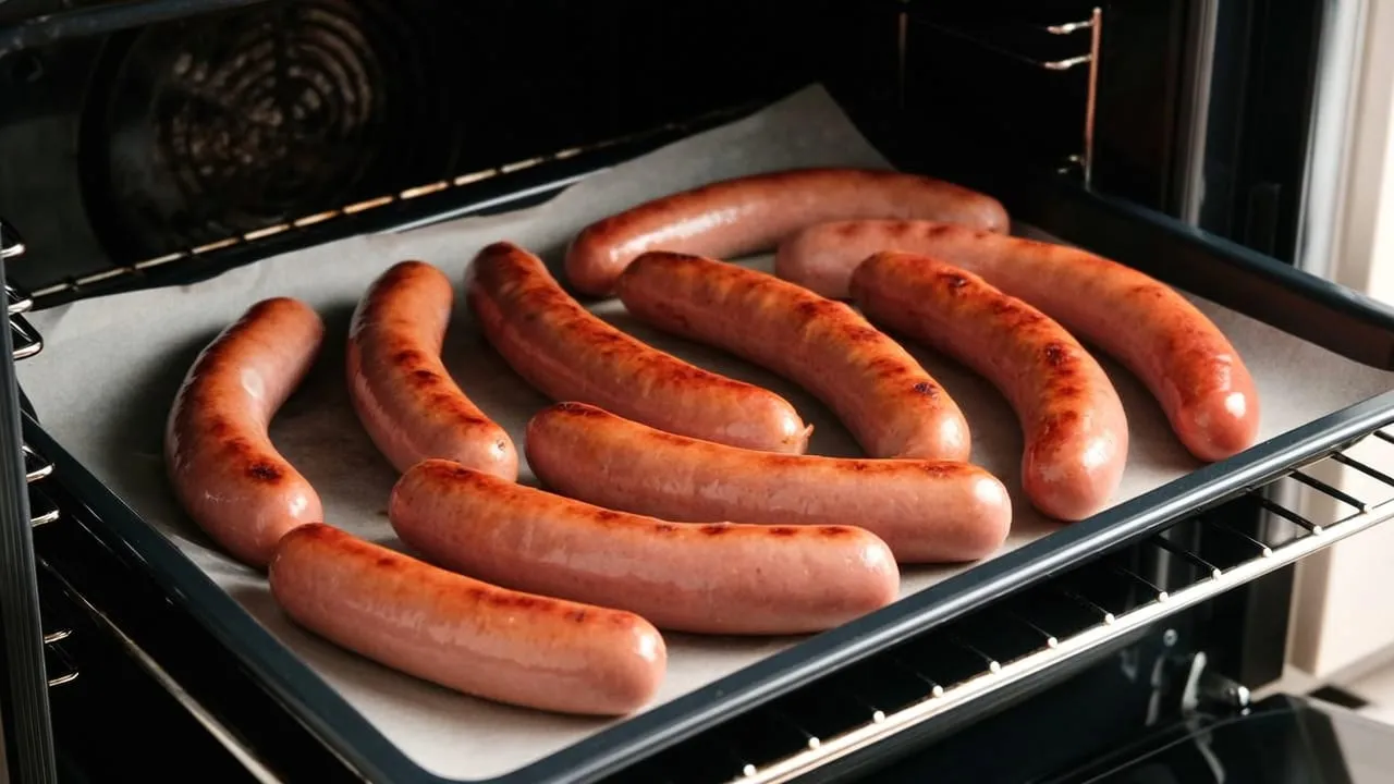Linguiças douradas assando sobre uma assadeira no forno