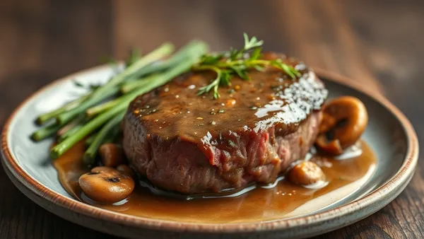 Dois medalhões de filé mignon dourados com molho cremoso de champignon escuro e ervas frescas em frigideira de ferro