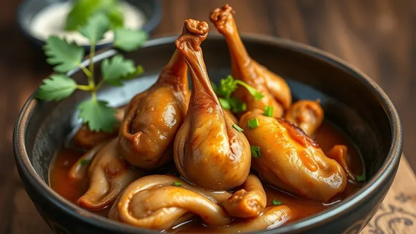Moelas de frango temperadas e douradas ao molho, servidas numa panela escura com cheiro-verde por cima