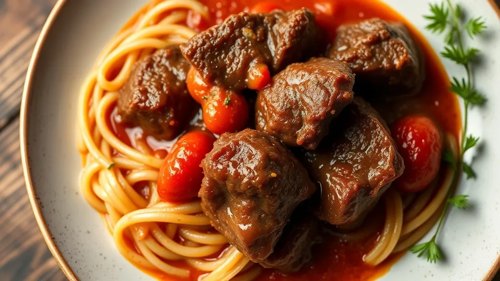 Ossobuco cozido em molho de tomate com gremolata de salsinha e raspas de limão em cima, servido em prato fundo