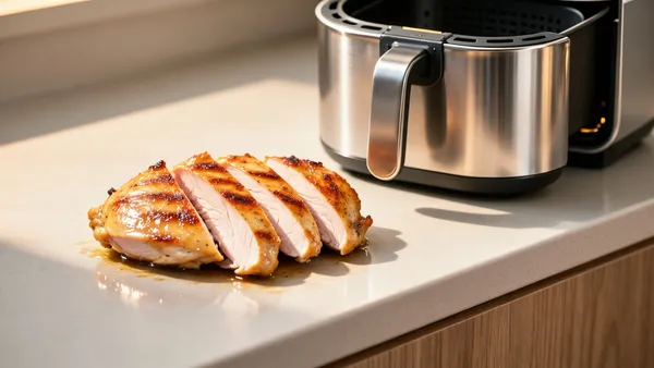 Peito de frango fatiado e suculento ao lado da cesta da air fryer