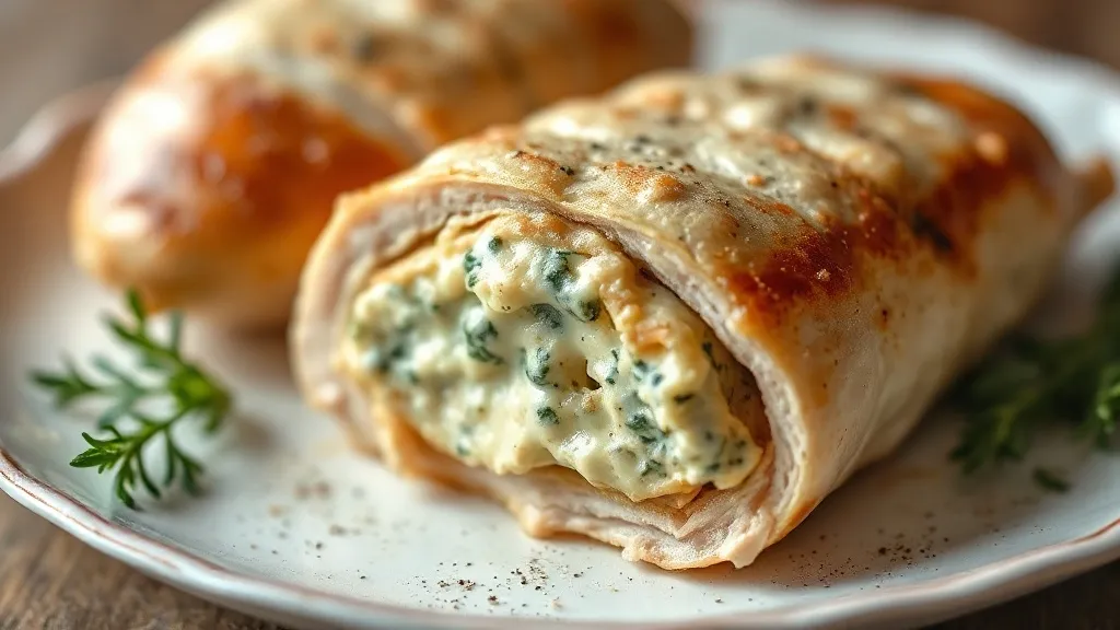 Peito de frango recheado com catupiry e presunto, fatiado mostrando o recheio cremoso, sobre tábua de madeira