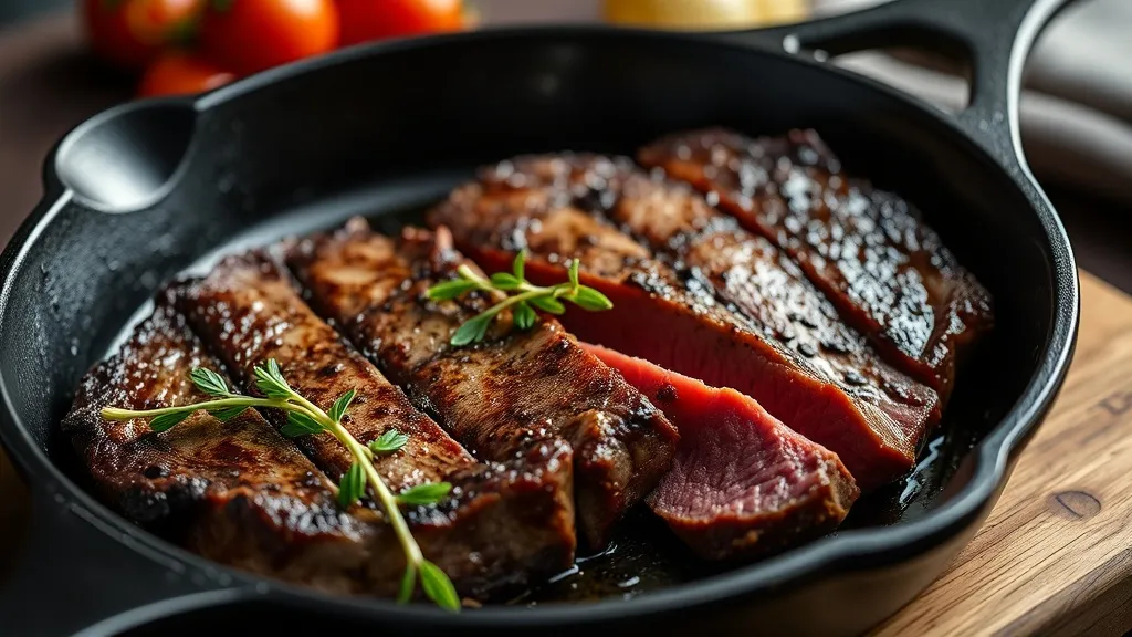 Fatias de picanha com crosta dourada e centro rosado fatiadas sobre frigideira de ferro, capa de gordura crocante visível