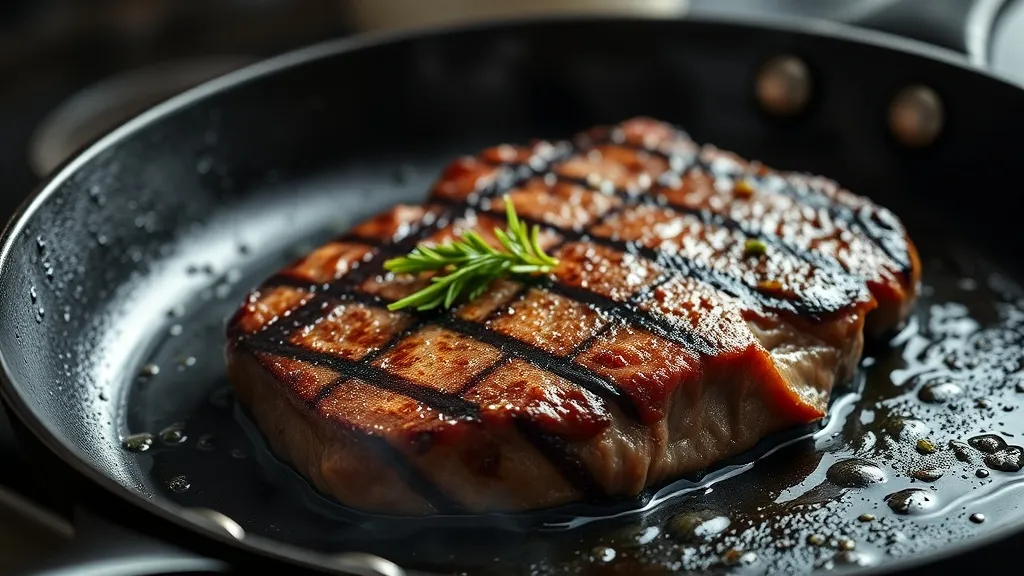 Fatias de picanha selada na frigideira de ferro, miolo rosado ao ponto, com crosta dourada e sal grosso por cima