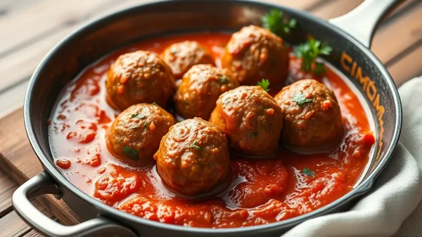 Almôndegas cozidas em molho de tomate encorpado numa frigideira funda, com salsa por cima