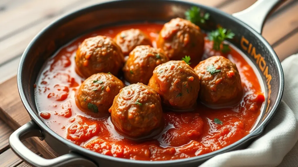 Almôndegas cozidas em molho de tomate encorpado numa frigideira funda, com salsa por cima