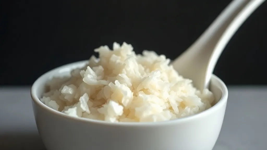 Tigela de arroz branco cozido, grãos soltos e levemente acetinados, sobre mesa rústica de madeira