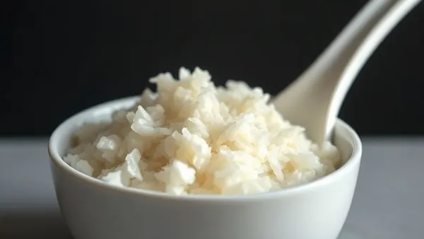 Tigela de arroz branco cozido, grãos soltos e levemente acetinados, sobre mesa rústica de madeira