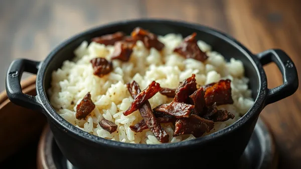 Panela de ferro gaúcha com arroz carreteiro de charque desfiado, cebola refogada, cheiro-verde e fundo rústico de madeira