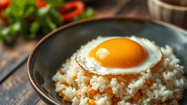 Prato de arroz branco soltinho com ovo frito por cima, borda dourada e crocante e gema brilhante ainda mole