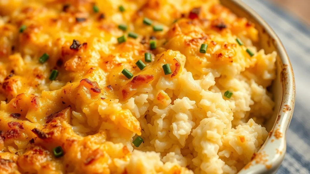 Arroz de forno gratinado com crosta dourada de queijo derretido, servido em travessa de cerâmica