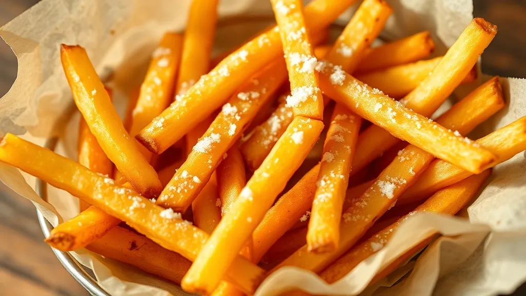 Porção de batatas fritas caseiras douradas e crocantes empilhadas numa cesta forrada com papel, com sal grosso por cima e vapor leve subindo