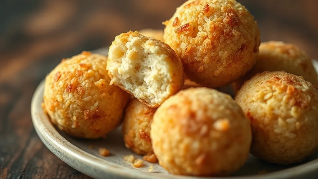 Bolinhos de arroz dourados e crocantes em prato rústico, alguns cortados ao meio mostrando interior macio, sobre mesa de madeira
