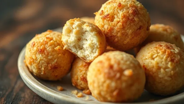 Bolinhos de arroz dourados e crocantes em prato rústico, alguns cortados ao meio mostrando interior macio, sobre mesa de madeira