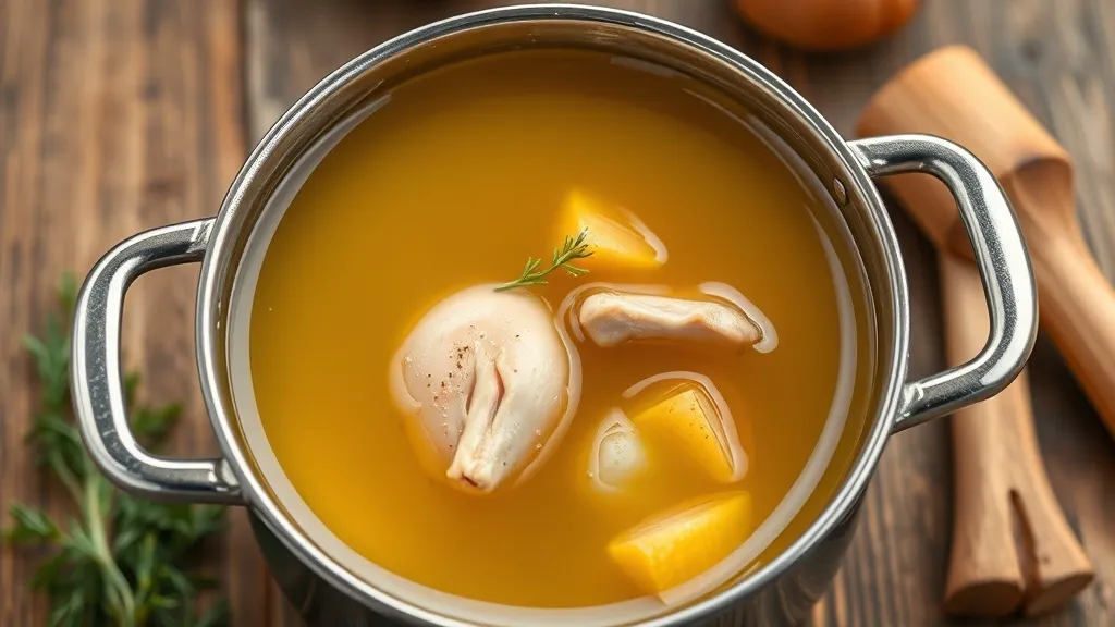 Caldo de frango caseiro dourado e límpido em panela de aço inox, com pedaços de cenoura e cebola visíveis, vapor suave saindo da superfície