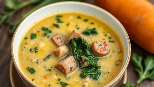 Tigela funda com caldo verde cremoso, couve fatiada fina em verde-vivo, rodelas de linguiça e fio de azeite por cima