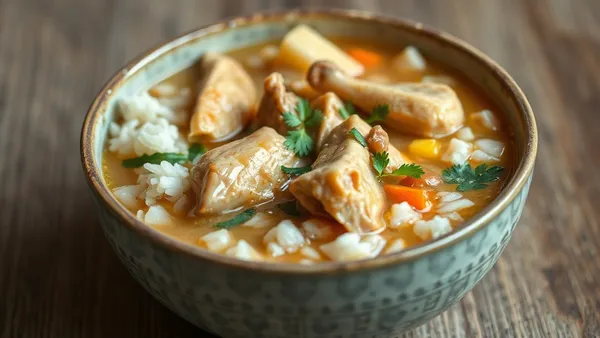 Tigela funda de canja de galinha com arroz, cenoura e frango desfiado, fumegando