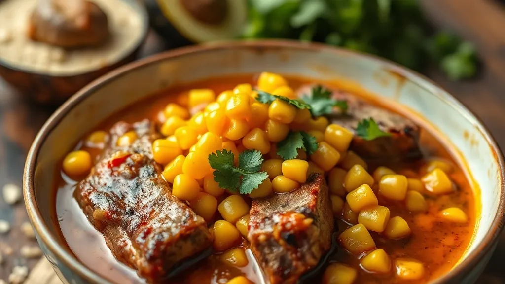 Tigela funda com canjiquinha cremosa amarela e pedaços de costelinha de porco dourada ao redor, servida com couve refogada