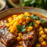 Tigela funda com canjiquinha cremosa amarela e pedaços de costelinha de porco dourada ao redor, servida com couve refogada