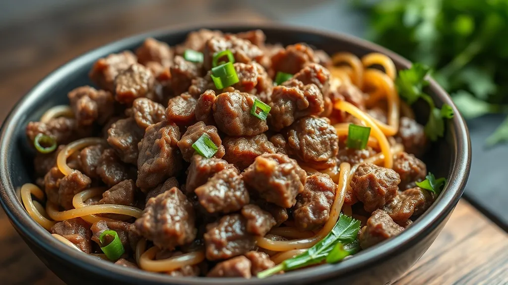 Frigideira com carne moída refogada dourada e solta, grãos separados com temperos visíveis