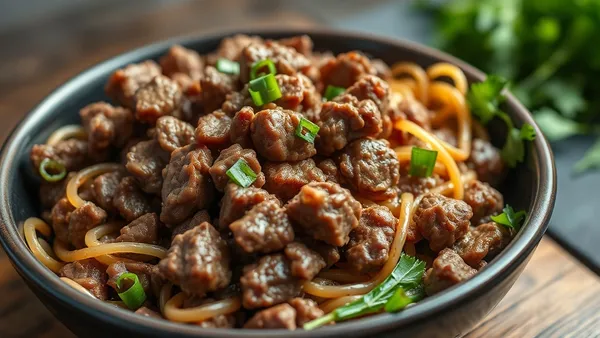 Frigideira com carne moída refogada dourada e solta, grãos separados com temperos visíveis