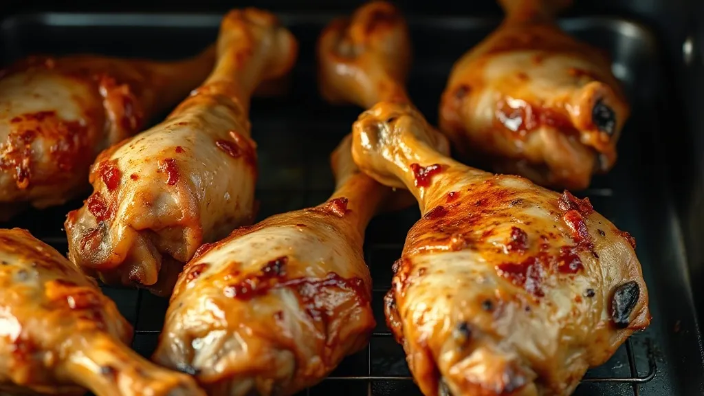 Coxa e sobrecoxa de frango assadas no forno com pele dourada e crocante, servidas em assadeira sobre fundo rústico