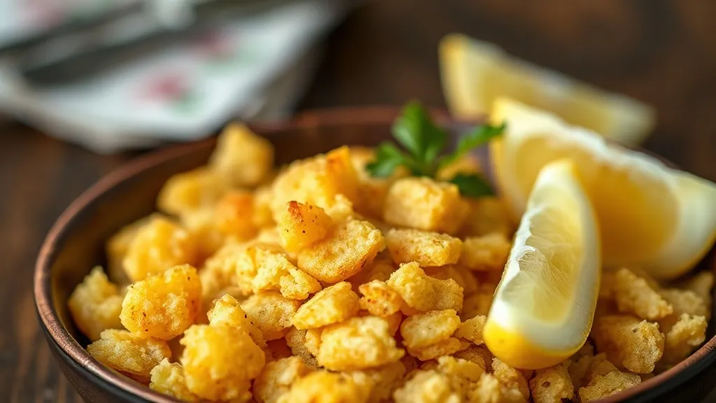 Farofa de manteiga dourada e granulada servida em tigela de barro, com farinha de mandioca torrada visível e cheiro de manteiga tostada